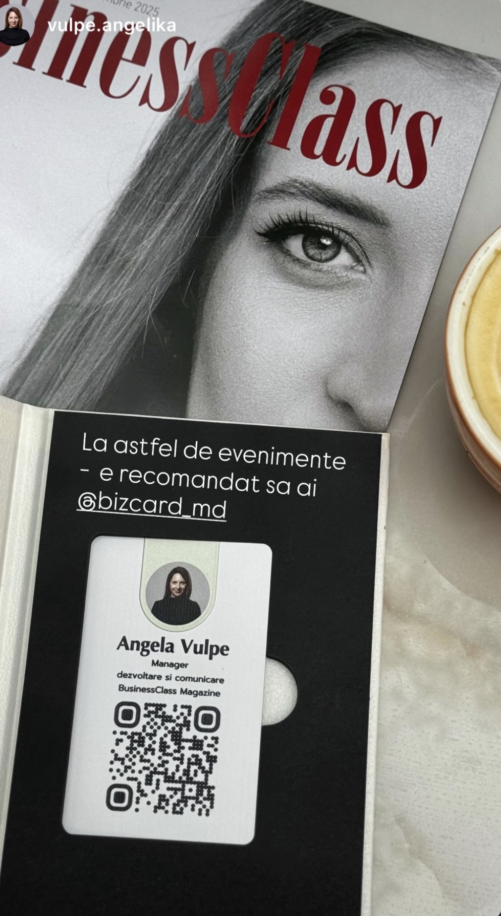 Angela Vulpe — BusinessClass Magazine: Card NFC personalizat pentru networking și acces rapid la profilul digital.